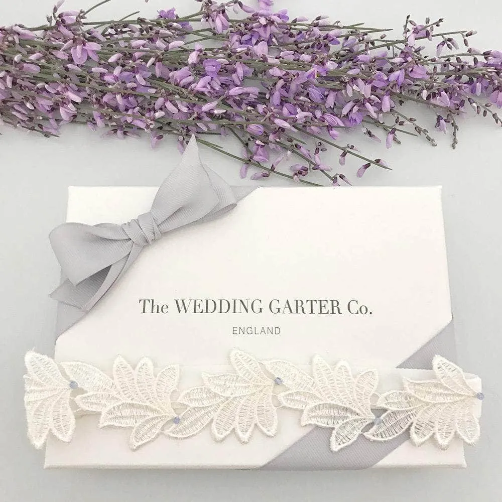 Super sleek lace leaf wedding garter with 'something blue' crystals - 'Elme'