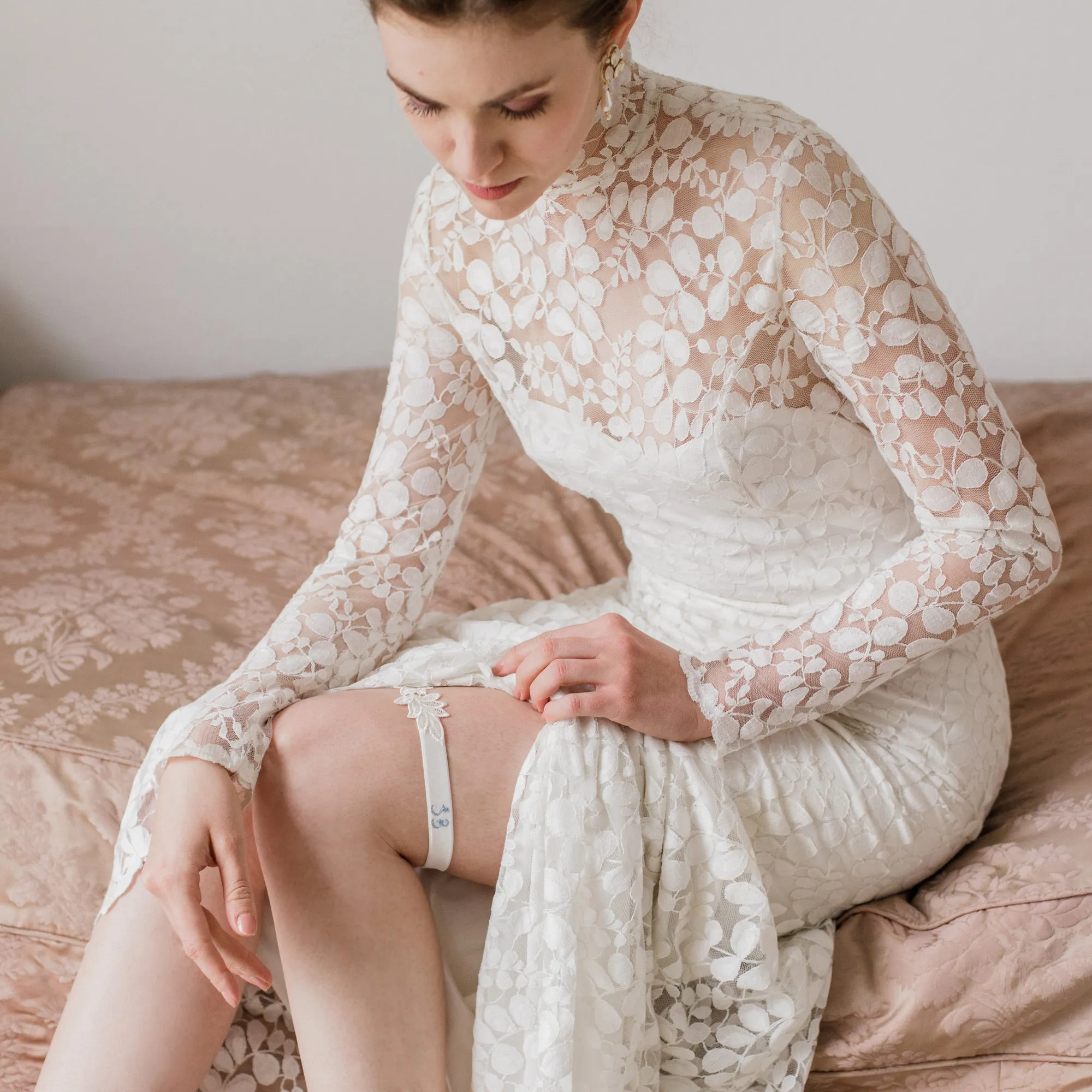 Super sleek lace leaf wedding garter with 'something blue' crystals - 'Elme'