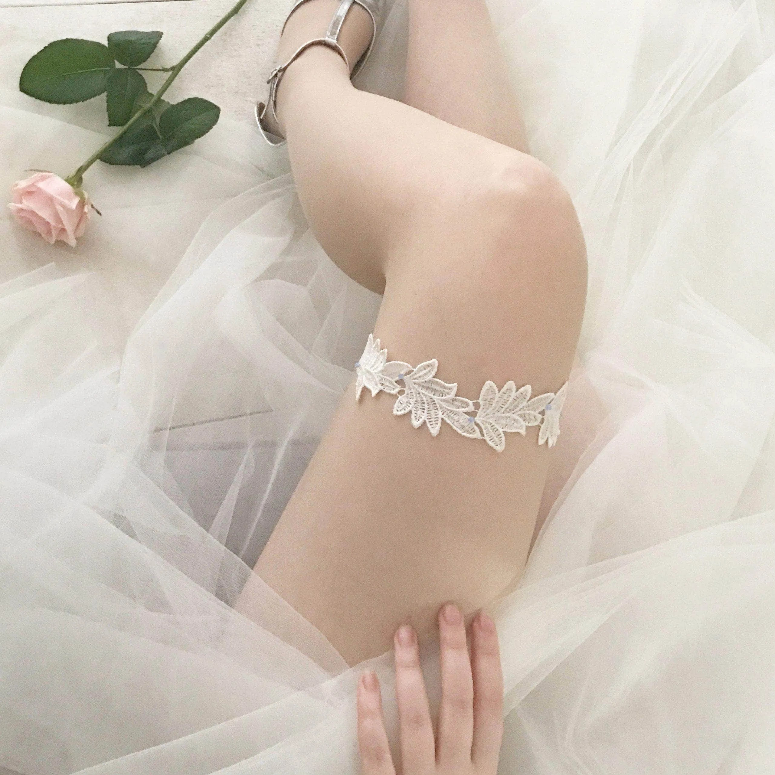 Super sleek lace leaf wedding garter with 'something blue' crystals - 'Elme'
