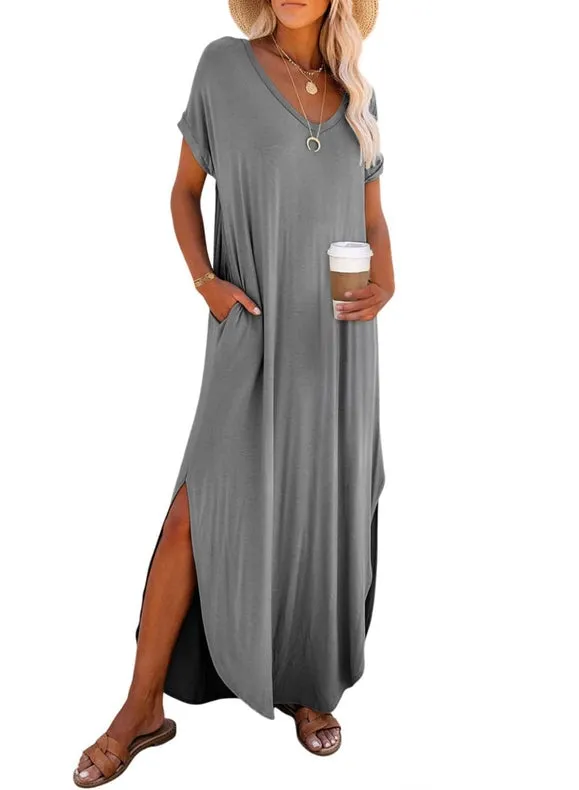 V-Neck Short Sleeve Silt Maxi T-Shirt Dress