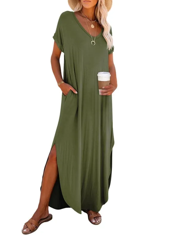 V-Neck Short Sleeve Silt Maxi T-Shirt Dress