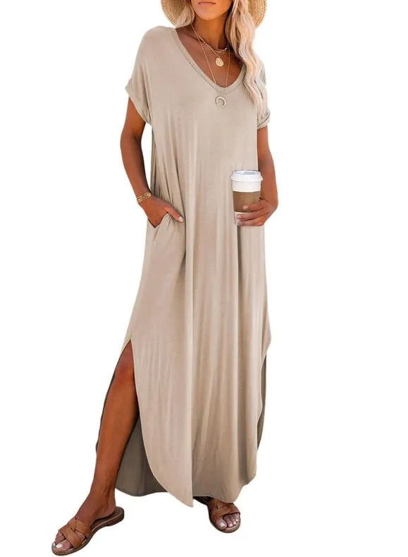 V-Neck Short Sleeve Silt Maxi T-Shirt Dress