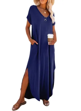 V-Neck Short Sleeve Silt Maxi T-Shirt Dress