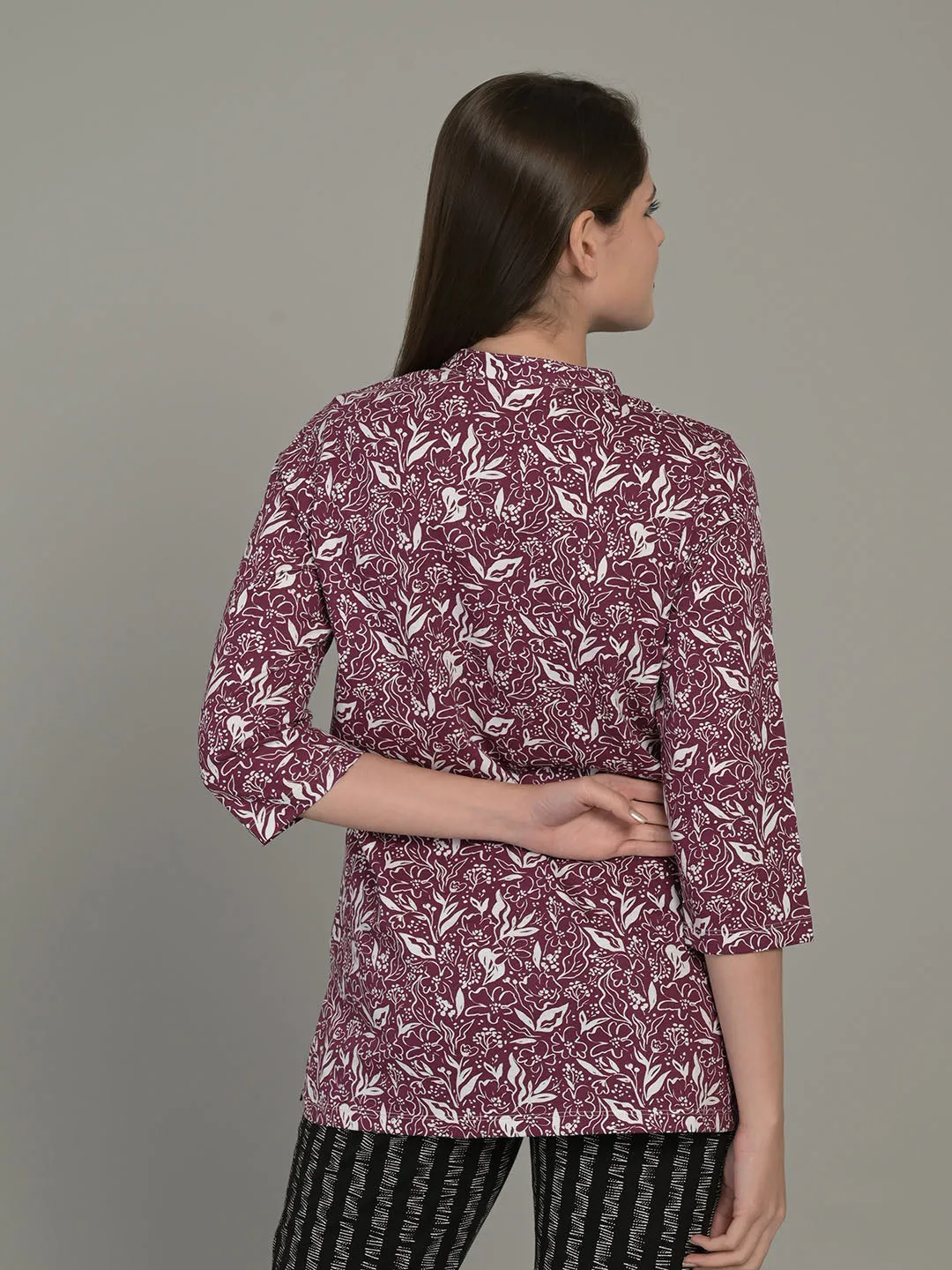 Wine V Neck 3/4 Sleeve Short PI Kurti