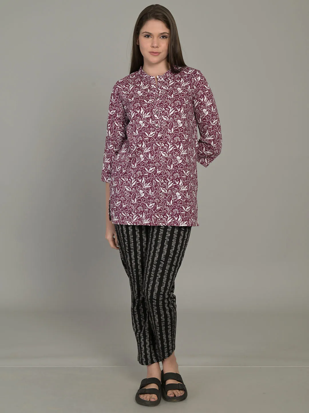 Wine V Neck 3/4 Sleeve Short PI Kurti