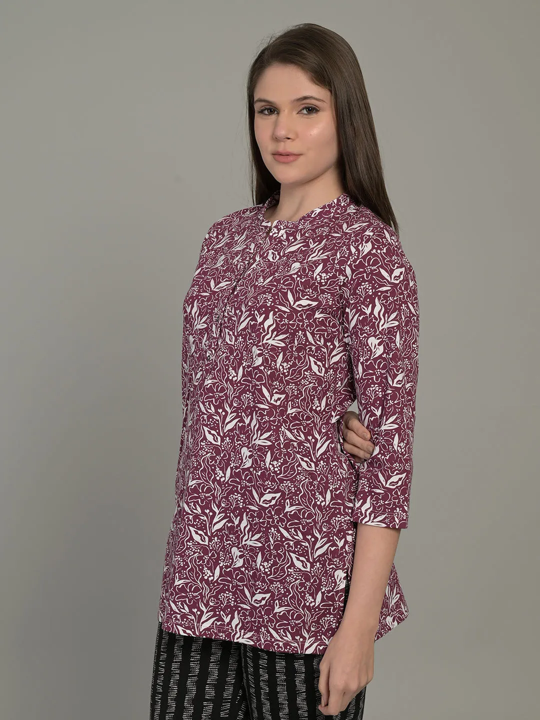 Wine V Neck 3/4 Sleeve Short PI Kurti