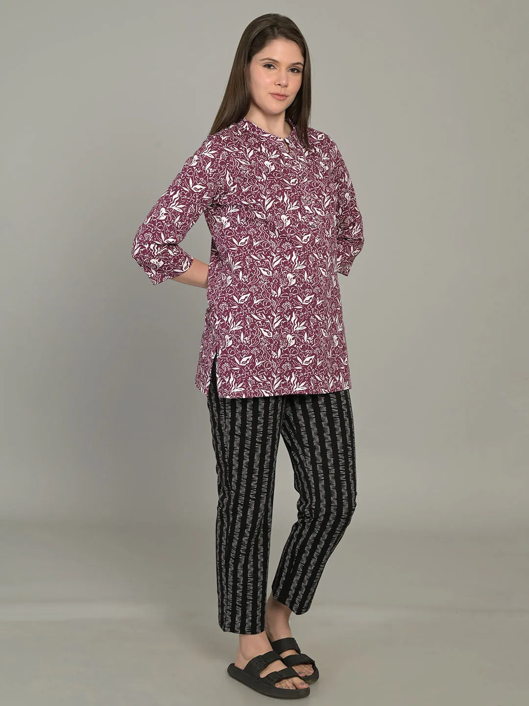Wine V Neck 3/4 Sleeve Short PI Kurti