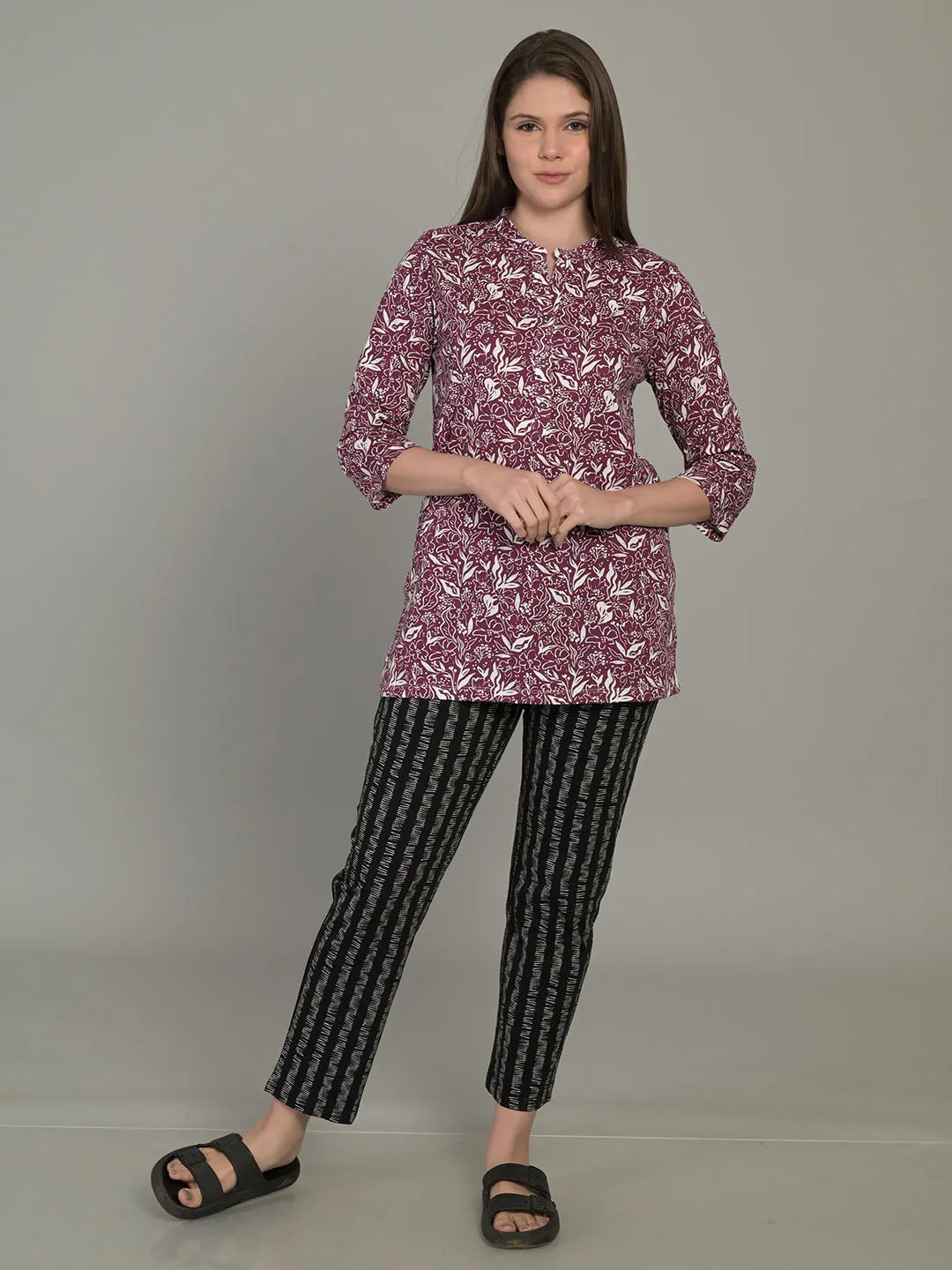 Wine V Neck 3/4 Sleeve Short PI Kurti